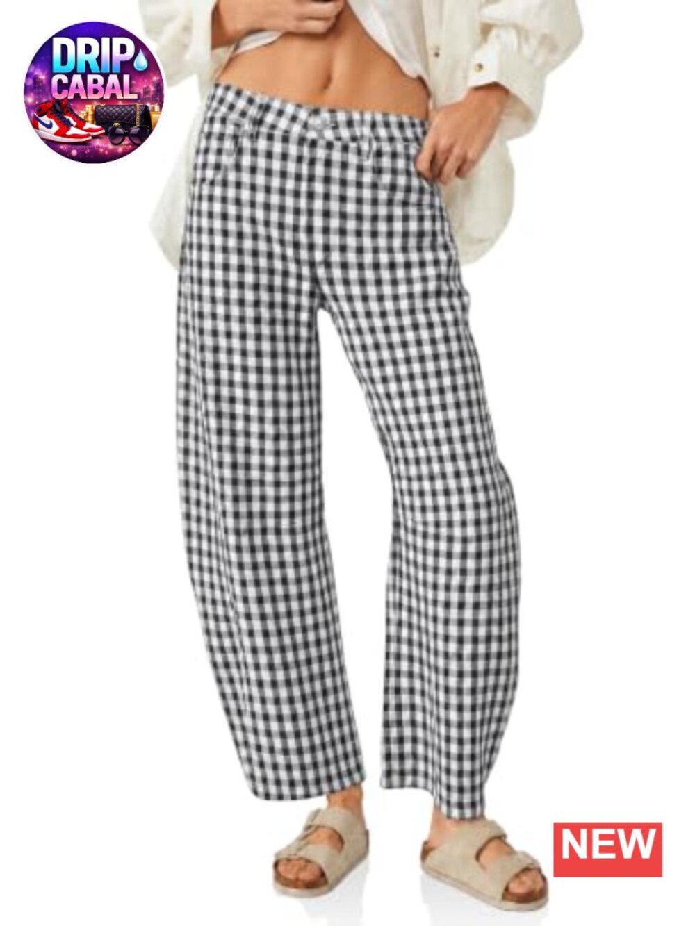 Plaid Barrel Jeans Baggy Wide Leg Denim Ankle Pants Women Y2K